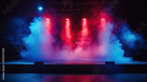 A dramatic stage with red, white, and blue smoke effects, setting the scene for an exciting and colorful live performance, parade, or celebration. photo