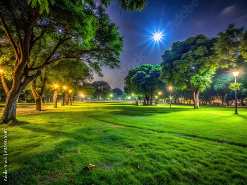 Night's embrace enfolds a park; lush greenery glows under starlit skies.