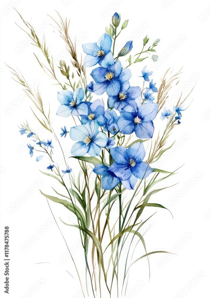 Obraz premium Small bouquet of Delphiniums in grass art illustration watercolor.