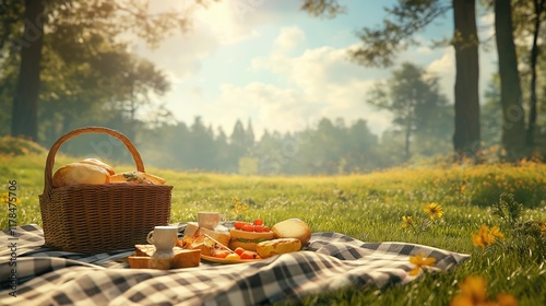 Relaxing atmosphere with picnic basket and blanket photo