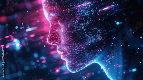 A futuristic interaction between AI, machine learning, and big data, merging human and robotic elements to create advanced technological solutions in a digital landscape.  photo
