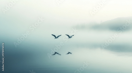 Two birds flying over foggy water with reflections