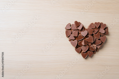 Heart shaped chocolate arrangement on wood, perfect for Valentine Day promotions