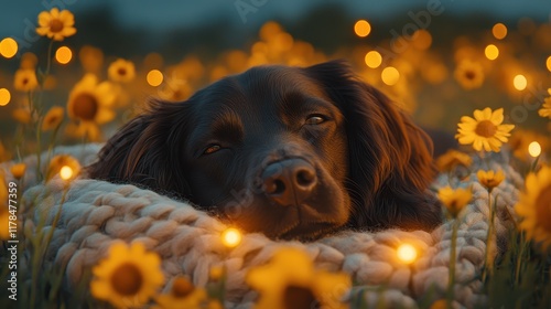 Boykin Spaniel in a radiant nighttime environment with magical details photo