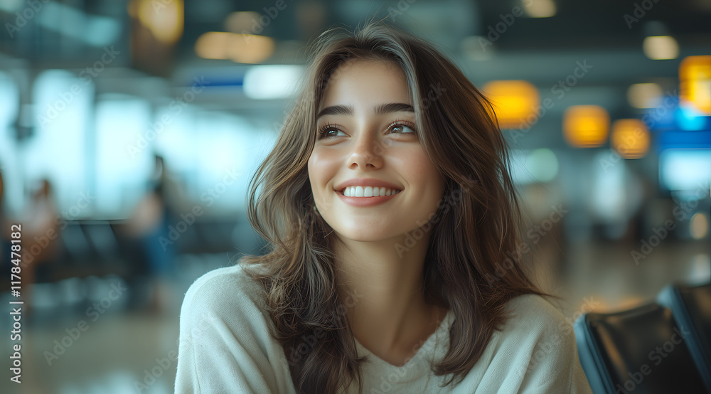 Portrait of a beautiful, smiling woman sitting in an airport waiting area