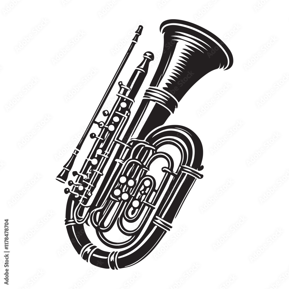 Naklejka premium Bassoon Silhouette Vector Illustration, Solid White Background.