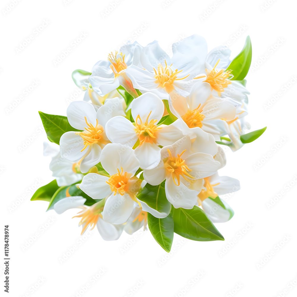Obraz premium Orange tree flowers bunch closeup isolated on transparent. Neroli blossom. White citrus tree bloom macro.