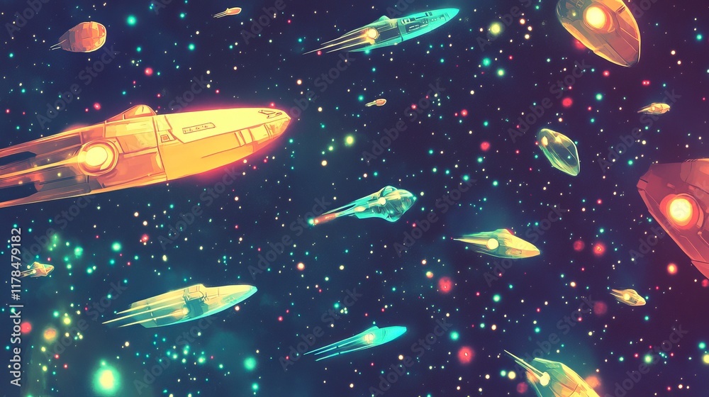 Colorful space scene with many spaceships flying around. Scene is bright and lively, with the colors of the spaceships Colorful space scene with many spaceships flying around. Scene is bright and lively, with the colors of the spaceships