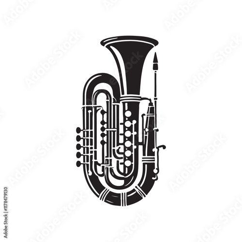 Bassoon Silhouette Vector Illustration, Solid White Background.