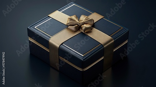 A luxurious dark blue gift box with a gold ribbon, elegantly designed to convey thoughtfulness and sophistication in holiday or special occasion gift-giving. photo