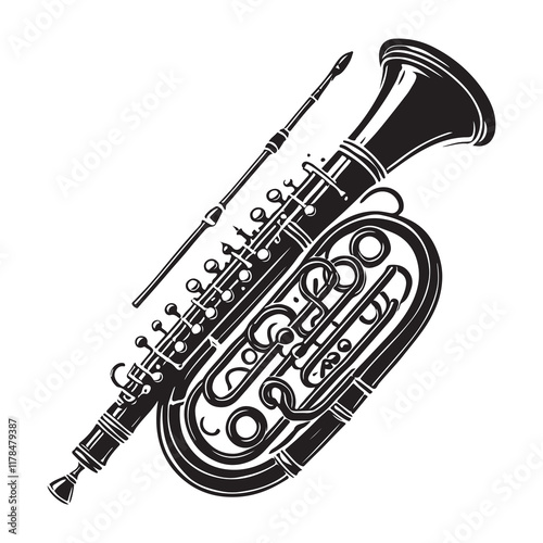 Bassoon Silhouette Vector Illustration, Solid White Background.