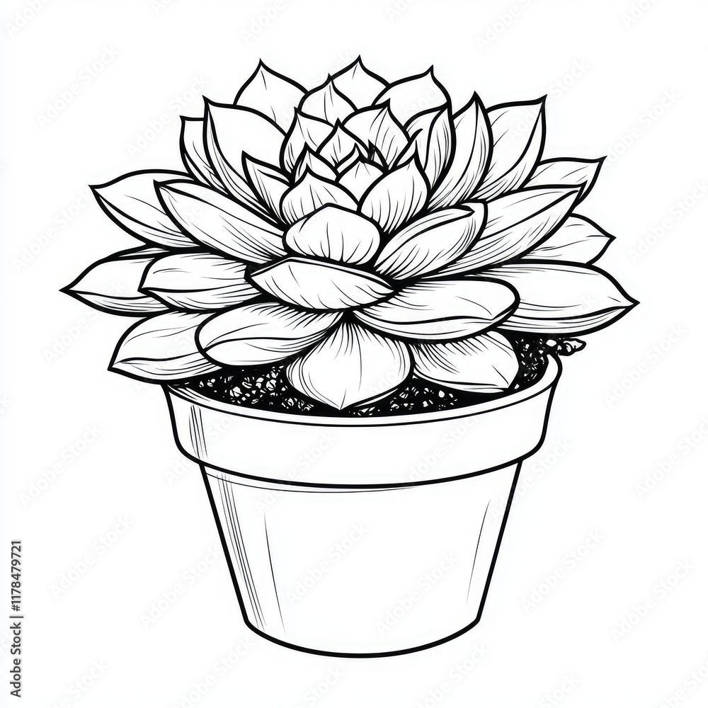 Elegant Line Art Succulent in a Pot: Black and White Botanical Illustration Elegant Line Art Succulent in a Pot: Black and White Botanical Illustration