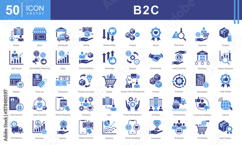 B2C icon collection set. Containing business model, customer, service, selling, product, direct selling, retailer icon.
