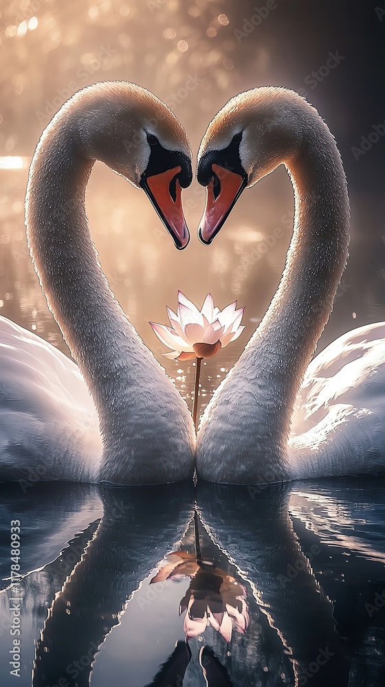 Naklejka premium Valentine's day concept. Double exposure style of two swans forming a heart shape, filled with shimmering water reflections and blooming lotus flowers