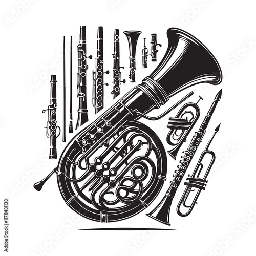 Bassoon Silhouette Vector Illustration, Solid White Background.