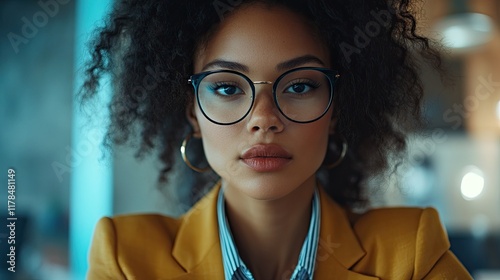 A professional, smartly dressed female businesswoman focused on her work in an office, embodying ambition, confidence, and dedication to her career.  photo