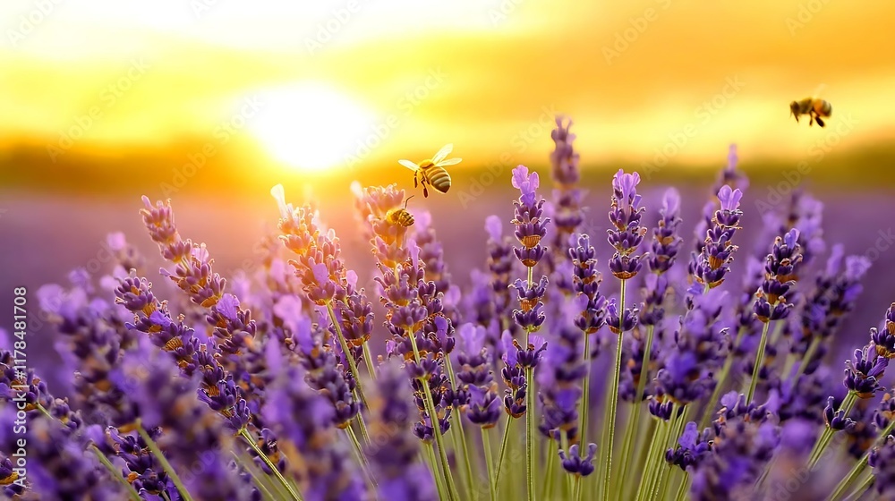 Fototapeta premium Bees pollinating lavender at sunset; idyllic rural scene; nature background; perfect for relaxation or nature themes.