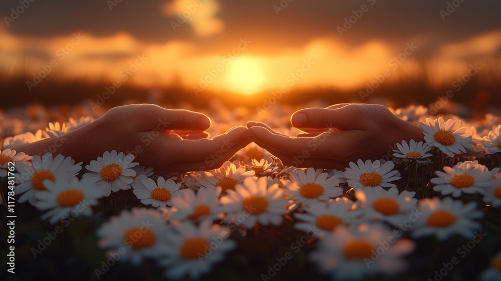 Two hands gently cupped amidst a field of daisies at sunset. Two hands gently cupped amidst a field of daisies at sunset.