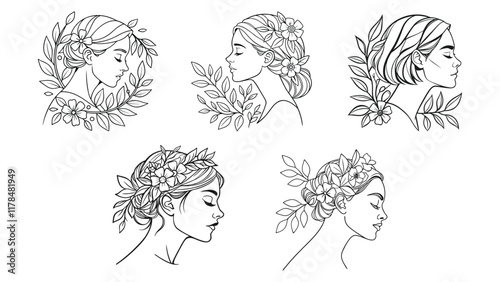 Women and flowers line art bundle vector illustration design on a white background. Floral women bundle, women floral vector design.