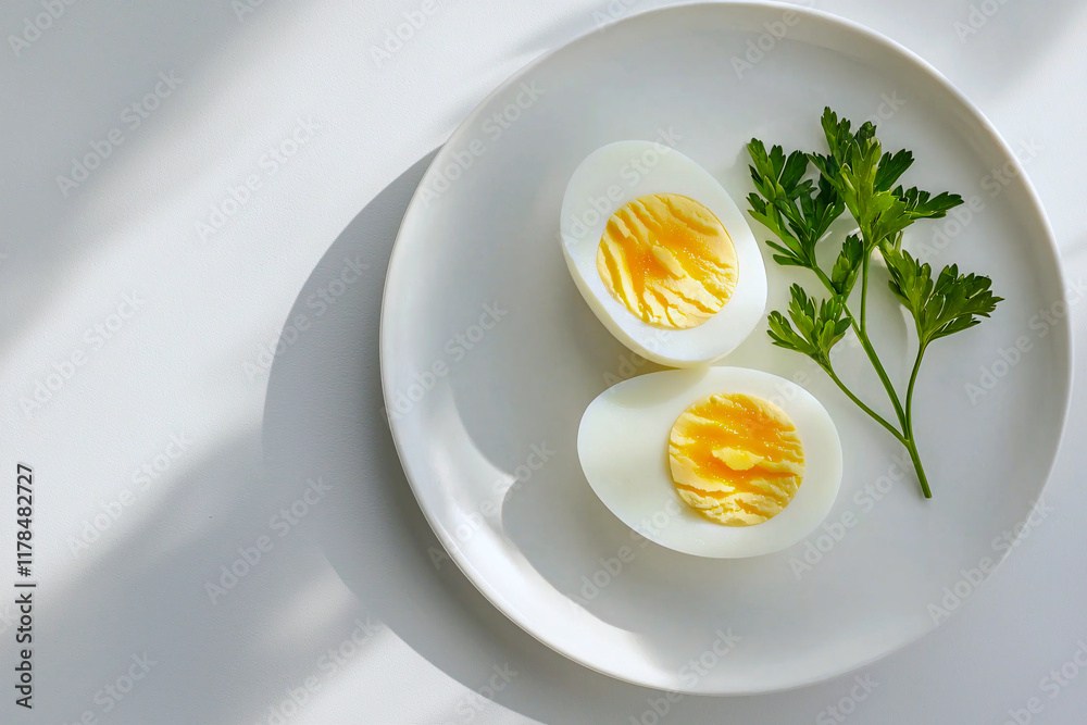 A boiled egg with parsley on a white plate, embodying simplicity and a healthy diet concept A boiled egg with parsley on a white plate, embodying simplicity and a healthy diet concept