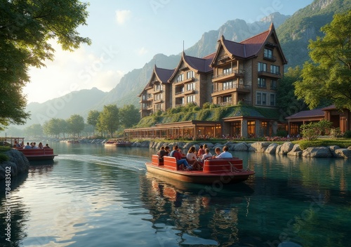 Tranquil riverboat cruise near charming lodge in a serene mountain setting