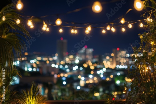 Wallpaper Mural A cozy rooftop scene featuring warm string lights illuminating a vibrant city skyline at night, creating a serene and inviting atmosphere for relaxation. Torontodigital.ca