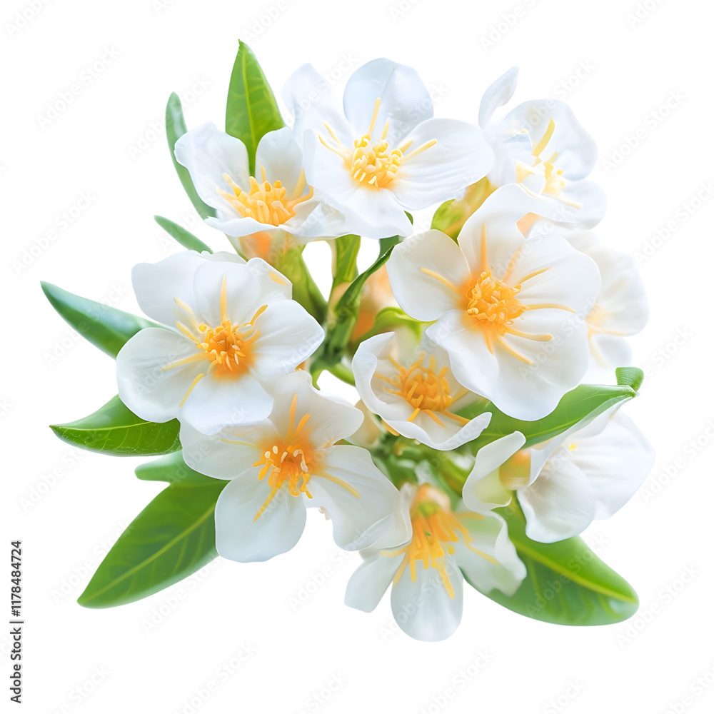 Fototapeta premium Orange tree flowers bunch closeup isolated on transparent. Neroli blossom. White citrus tree bloom macro.