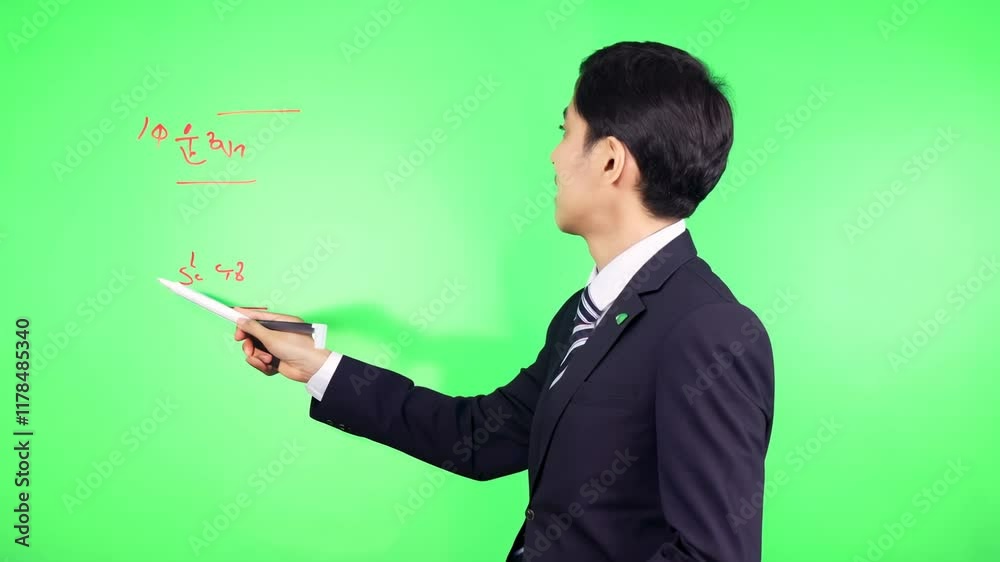 Businessman explaining a concept on a green screen Businessman explaining a concept on a green screen