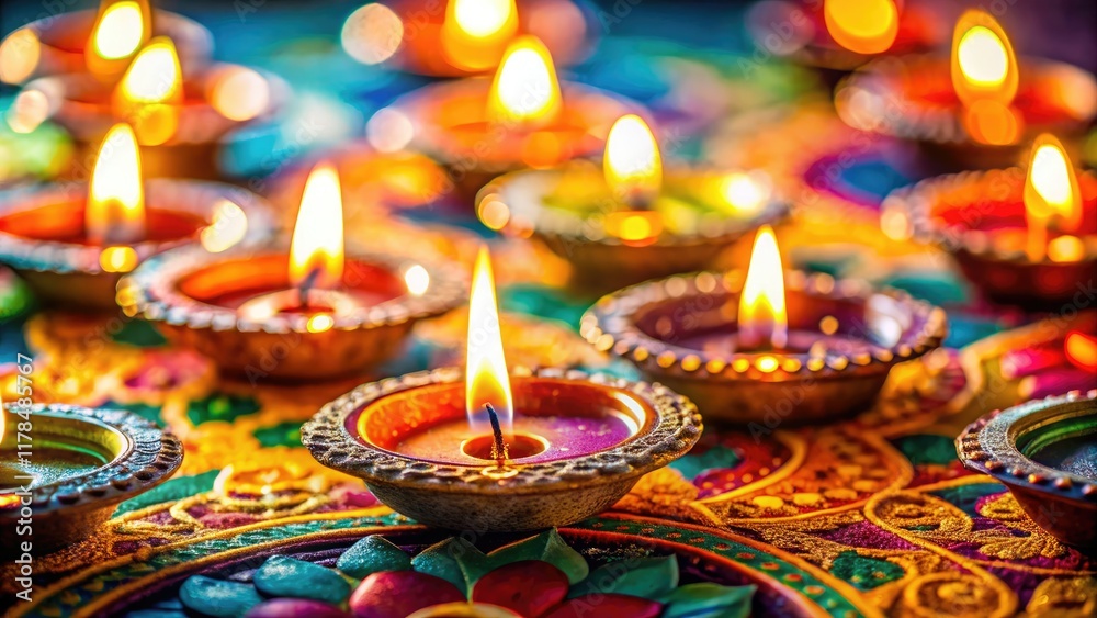 Diwali Candles in Church, Rangoli, Close Up Macro Diwali Candles in Church, Rangoli, Close Up Macro