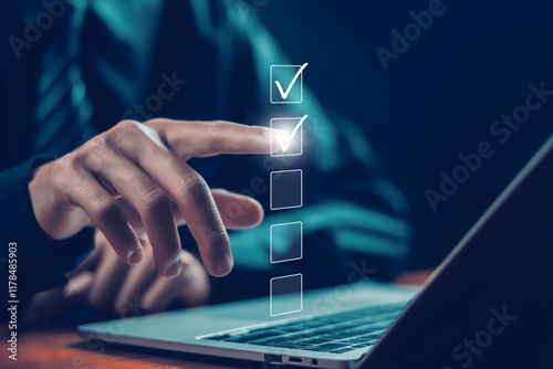 tick mark evaluation in the options check form online on a laptop. checklist concept, task audit in a list of documents. verify task detail business, process order. tick the checkmark in the survey it