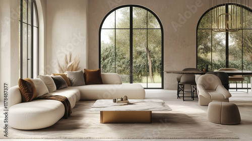 interior design mood board for a modern living room with light beige furniture colors, pillows in brass brown, gray and white, mixed with brass coffee table - dining with a marble rectangle table top 