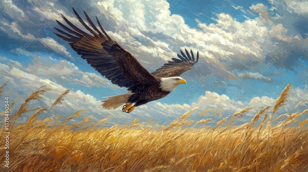 Obraz premium Bald Eagle Gliding Over Vast Prairie