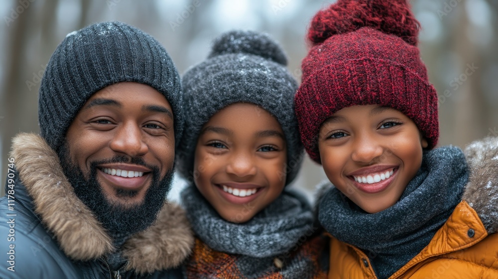 A joyful family portrait in winter attire, smiling together in a snowy outdoor setting. A joyful family portrait in winter attire, smiling together in a snowy outdoor setting.