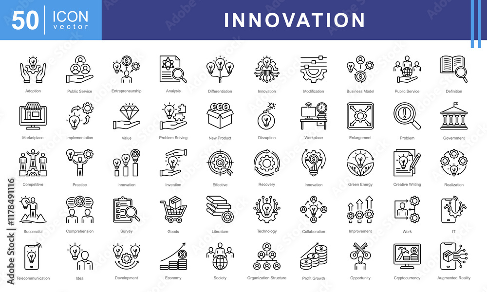 Innovation icon collection set. Containing implementation, idea, profit growth, service, value, definition, improvement icon. Innovation icon collection set. Containing implementation, idea, profit growth, service, value, definition, improvement icon.