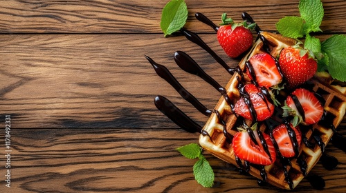 Belgian waffles with fresh strawberries and chocolate sauce on wooden background
