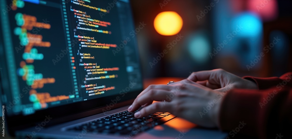 Person typing on laptop keyboard. Coding on screen. Pro software development work. Focus on detail, precision. Hands on laptop keyboard in close-up. Night-time work environment. Focus on development, Person typing on laptop keyboard. Coding on screen. Pro software development work. Focus on detail, precision. Hands on laptop keyboard in close-up. Night-time work environment. Focus on development,