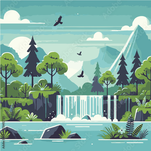 a poster with a waterfall and trees in the background