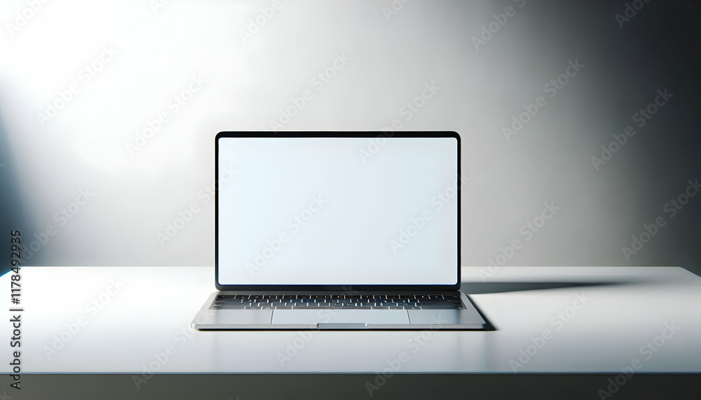 Education A close-up of a laptop with a blank white screen placed on a desk, against a plain white wall The la4