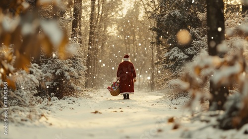 Wallpaper Mural Santa Claus walking through snowy woods with a sack of toys, snowflakes falling gently. Torontodigital.ca