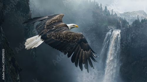 Fototapeta Naklejka Na Ścianę i Meble -  Bald Eagle Flying Over Majestic Waterfall