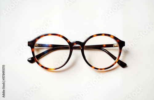 Stylish round eyeglasses with tortoiseshell pattern lie on plain white surface. Modern eyewear design. Transparent lenses visible, focused. No people present. Image isolated. Great for online eyewear photo