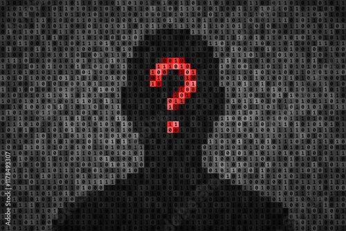 Silhouette of person and question mark over binary code background