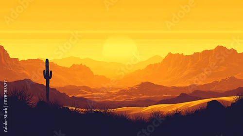 Desert sunset landscape, cactus silhouette, mountains, warm colors. Ideal for travel, nature, or western themed projects.