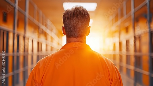 Prisoner's Hope: A lone figure in an orange jumpsuit walks down a prison corridor, bathed in the warm light of the setting sun, symbolizing hope and the possibility of redemption. 
