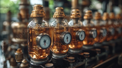 Vintage Brass Valves with Glass Tubes and Pressure Gauges in a Retro Industrial Setting Showcasing Meticulous Detail and Unique Design Elements for Aesthetic Appeal photo