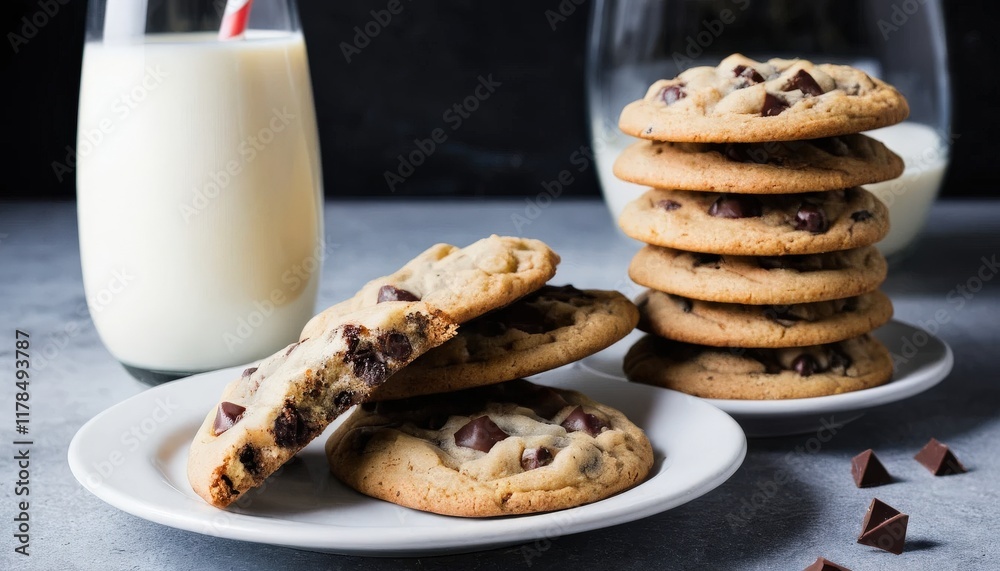 Delicious Stack of Chocolate Chip Cookies with Milk