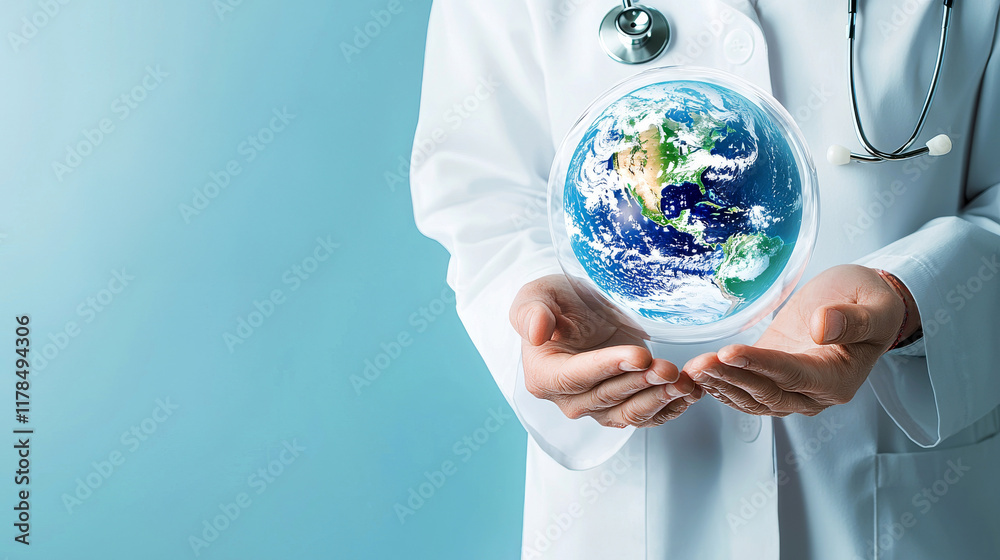 Global Healthcare: A doctor's hands cradle a glowing Earth, symbolizing the responsibility and dedication of healthcare professionals to heal and protect the world. Global Healthcare: A doctor's hands cradle a glowing Earth, symbolizing the responsibility and dedication of healthcare professionals to heal and protect the world.