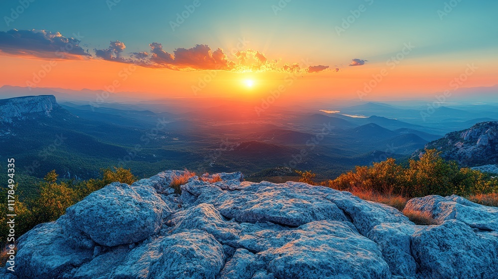Fototapeta premium A stunning sunset over a mountainous landscape, showcasing vibrant colors and rocky foreground.