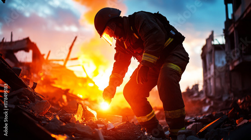 Firefighter in Action: Silhouette of a brave firefighter amidst the fiery wreckage, battling the flames with unwavering determination. A powerful image showcasing courage and resilience.  photo