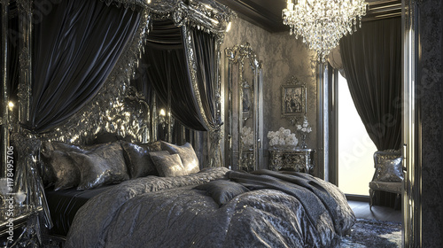 Luxurious bedroom with mirrored canopy bed and plush pillows